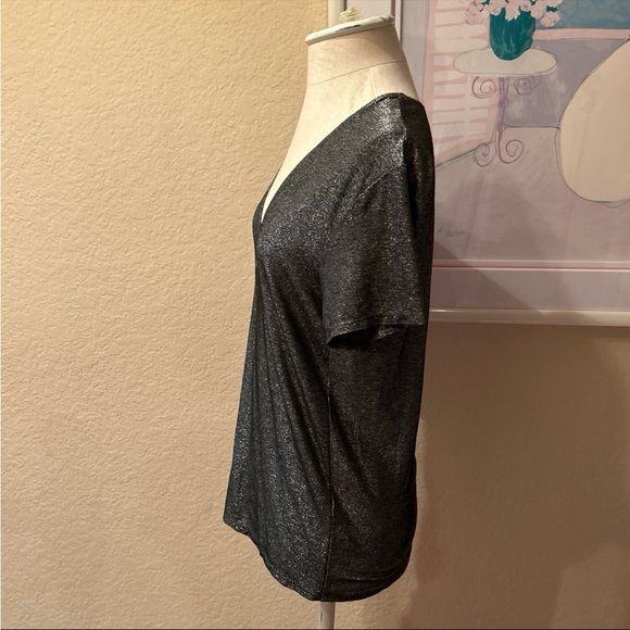 Reformation Glittery Gray Deep V Neckine Short Sleeve Shirt - Picture 3 of 7
